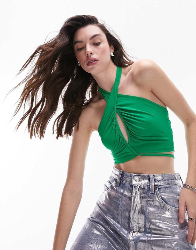 Topshop ruched cut out halter top in green Product Image