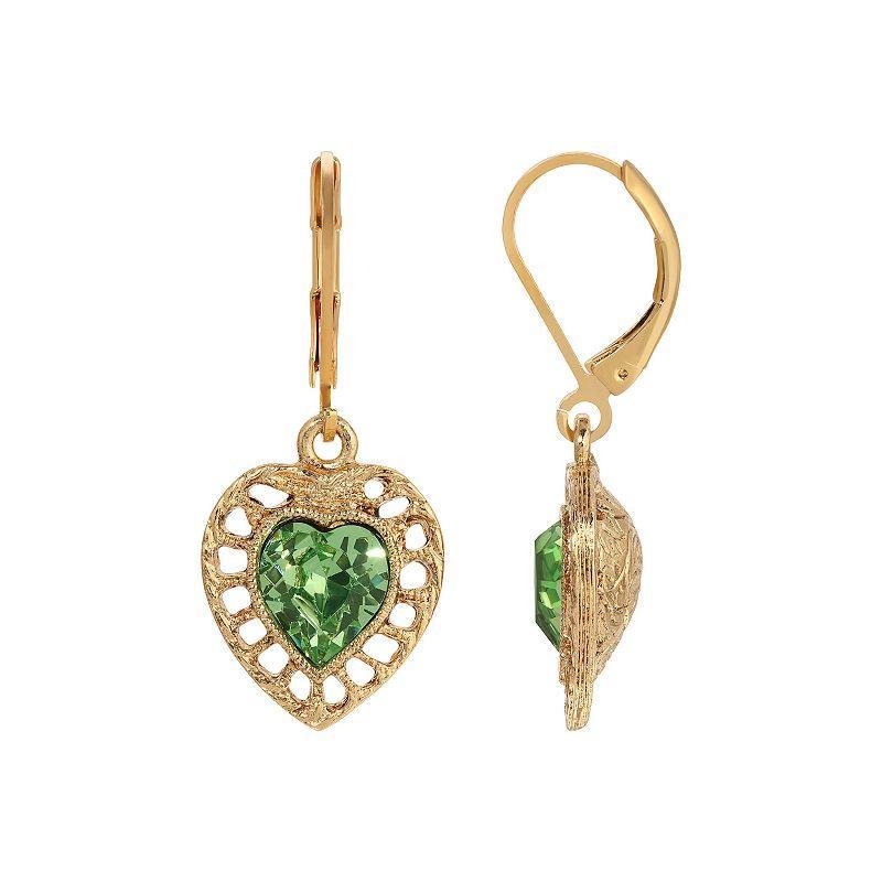 1928 Gold Tone Filigree Color Stone Heart Drop Earrings, Womens, Green Product Image