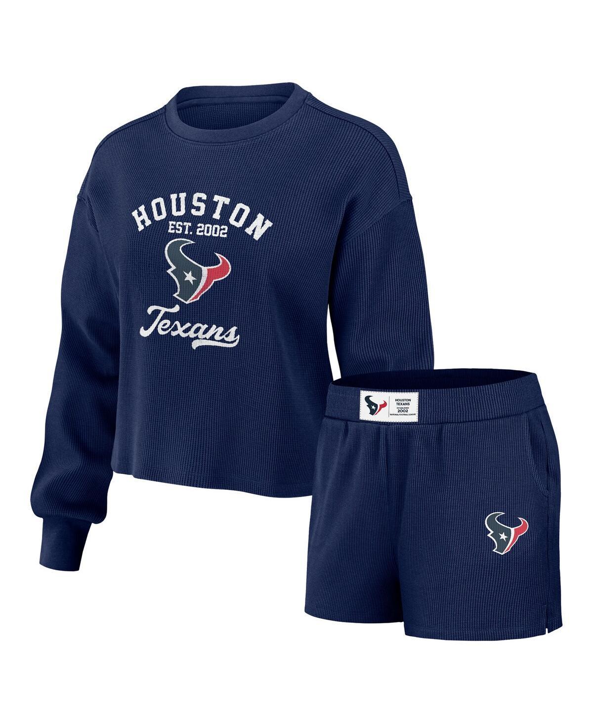 Womens Wear by Erin Andrews Navy Distressed Houston Texans Waffle Knit Long Sleeve T-shirt and Shorts Lounge Set Product Image