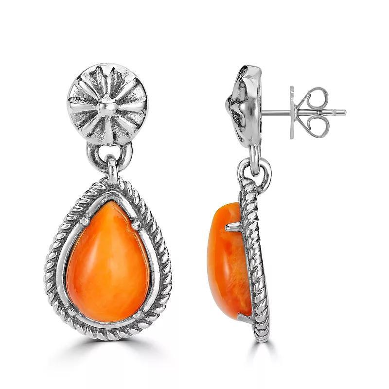 Southwest Spirit Sterling Silver and Stone Pear Drop Earrings, Womens, Orange Spiny Oyster Product Image