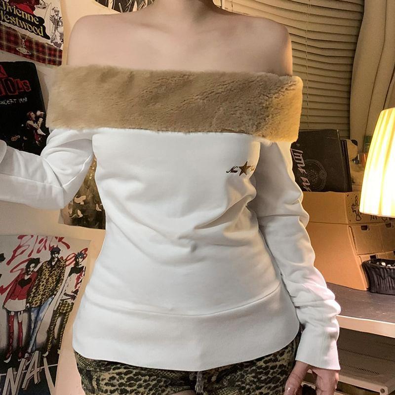 Long Sleeve Off-Shoulder Furry-Trim Star Embroidered Slim-Fit Top Product Image