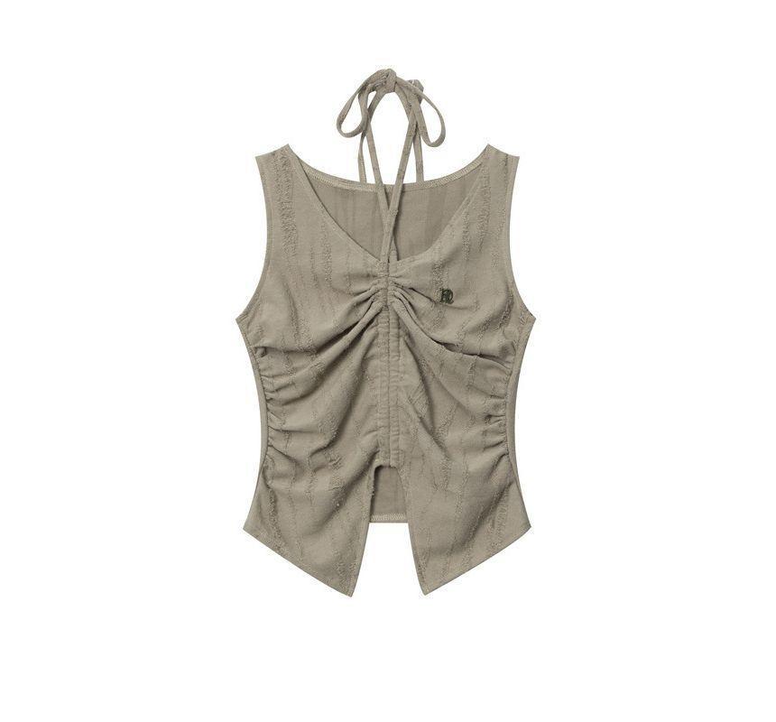 Halter-Neck Plain Drawstring Slit Crop Tank Top Product Image