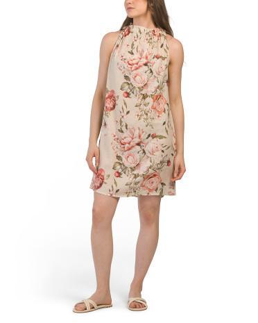 Linen Blend Natural Roses Halter Mini Dress for Women Product Image