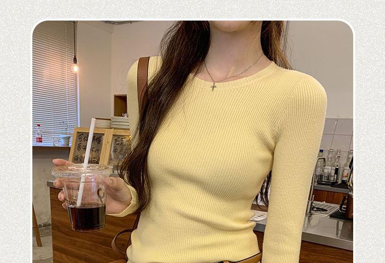 Long-Sleeve Round Neck Plain Ribbed Knit Top Product Image