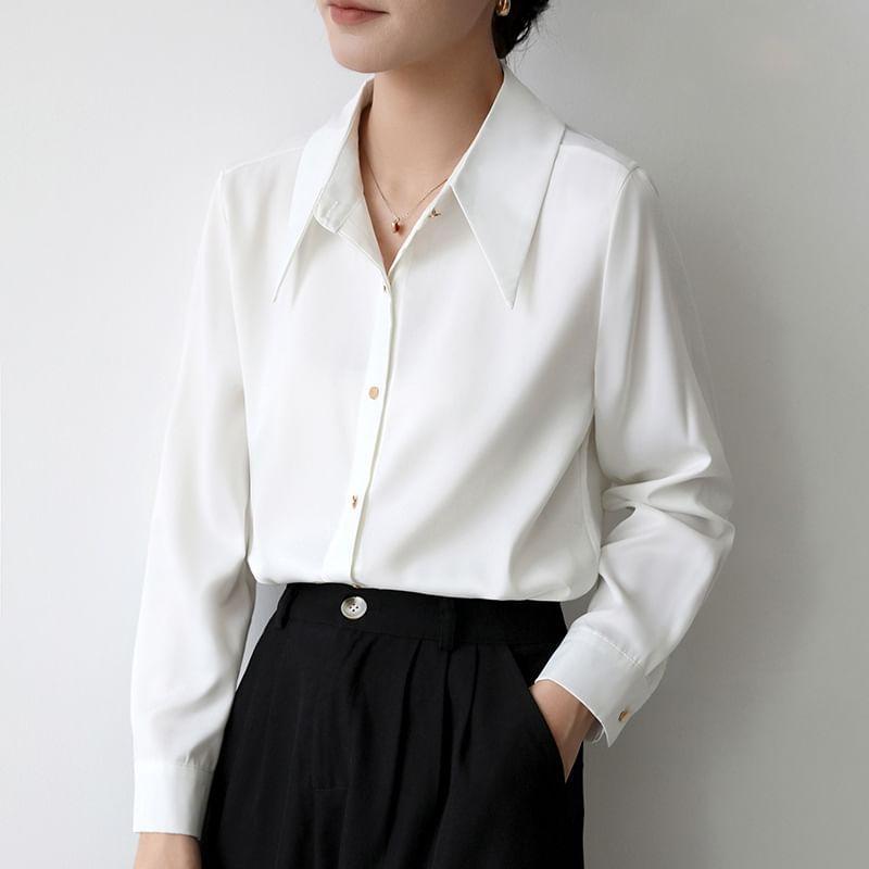 Long-Sleeve Satin Plain Shirt Product Image