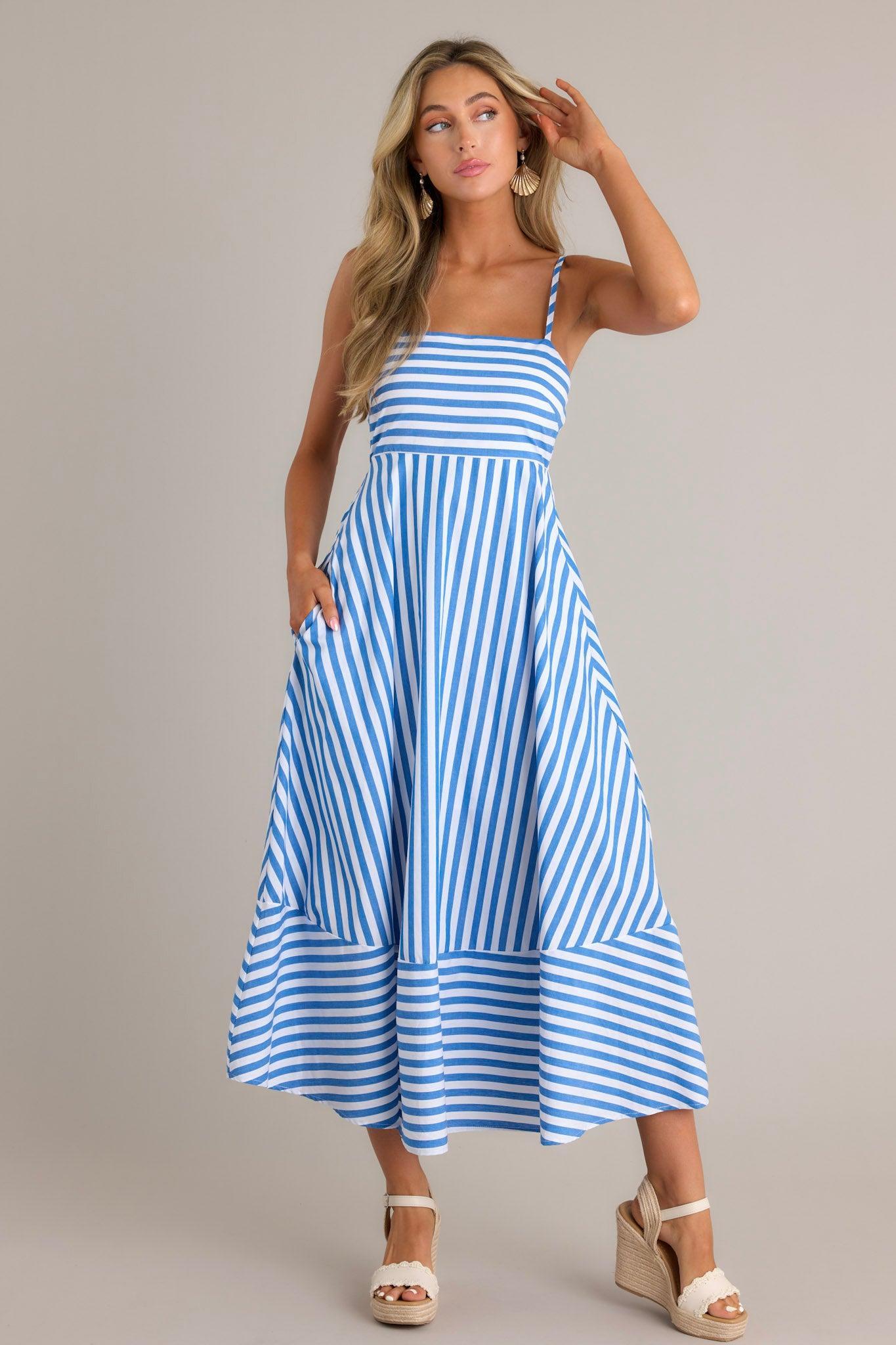 Serene Stunner 100% Cotton Blue Stripe Midi Dress Product Image