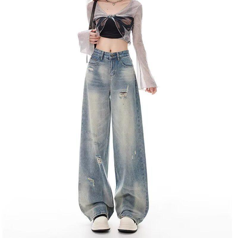 High Waist Distressed Washed Wide Leg Jeans Product Image