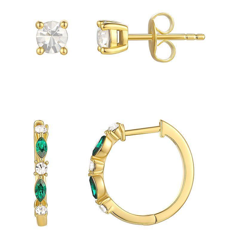 Chrystina Green & White Crystal Stud & Hoop Earring Duo Set, Womens, Gold Tone Product Image