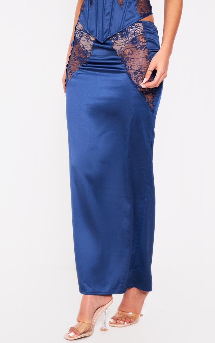 Tall Navy Satin Sheer Lace Panel Detail Midaxi Skirt Product Image