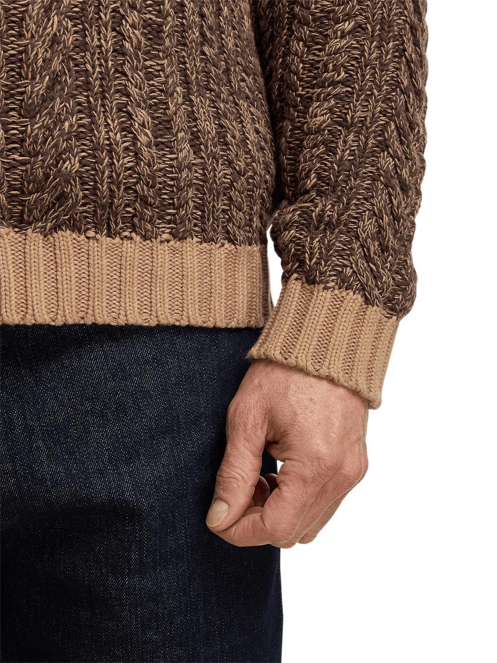 Cotton Cable Full Zip Mock Neck Sweater - Brown Product Image