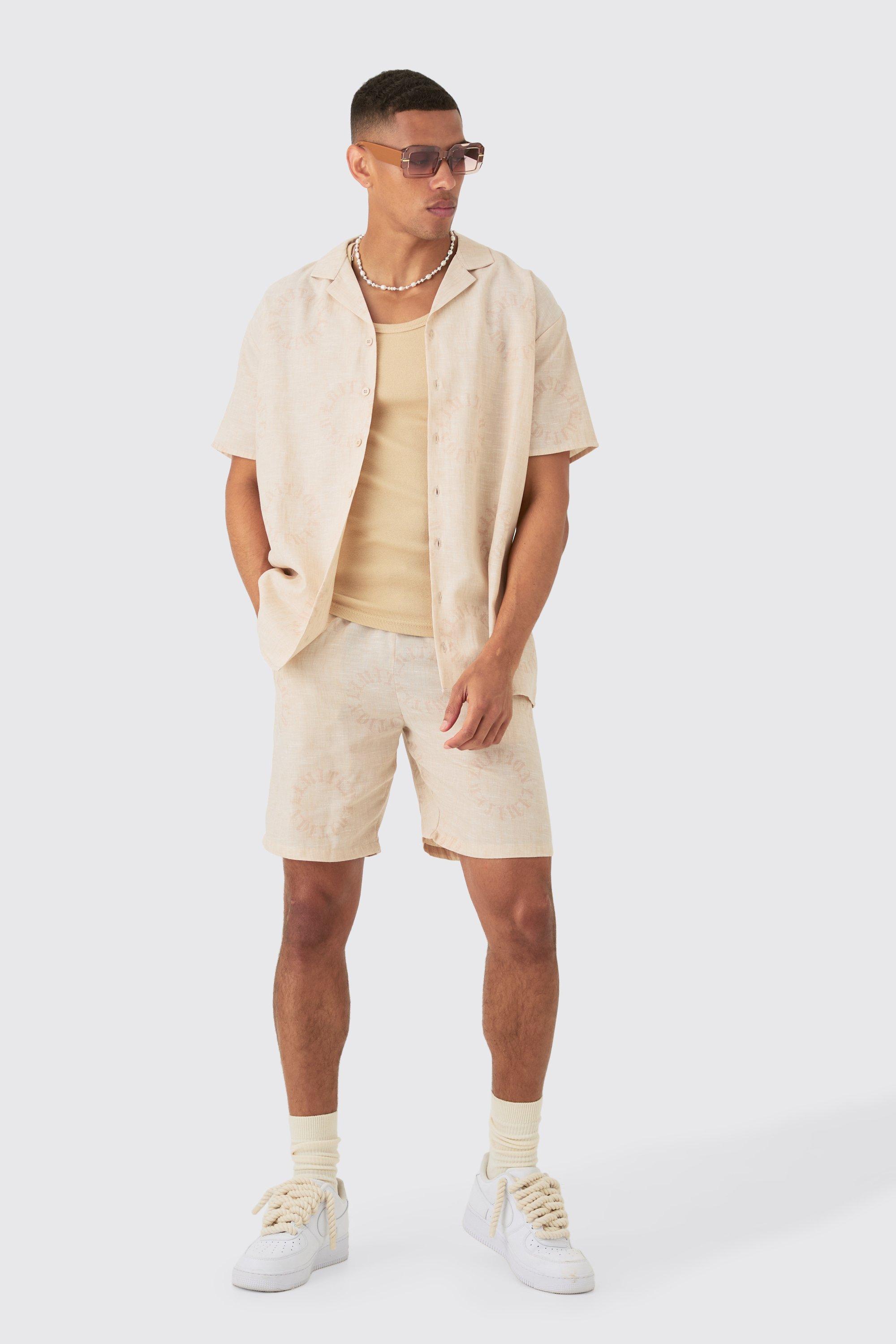 Mens Beige Oversized Linen Look Monogram Shirt & Short Set, Beige Product Image