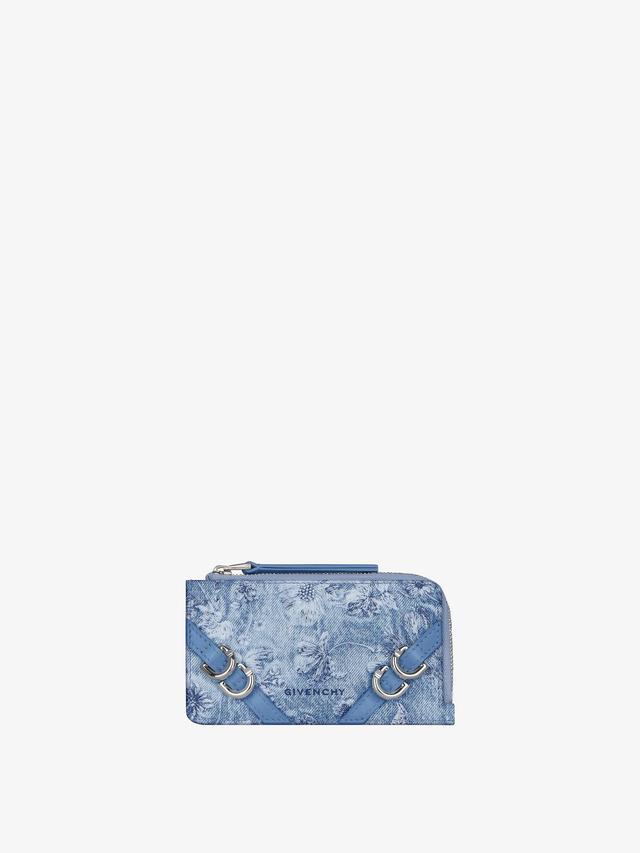 Voyou zipped card holder in washed embroidered denim Product Image