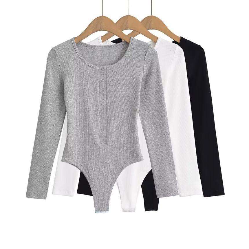 Long-Sleeve Plain Ribbed Bodysuit Top Product Image