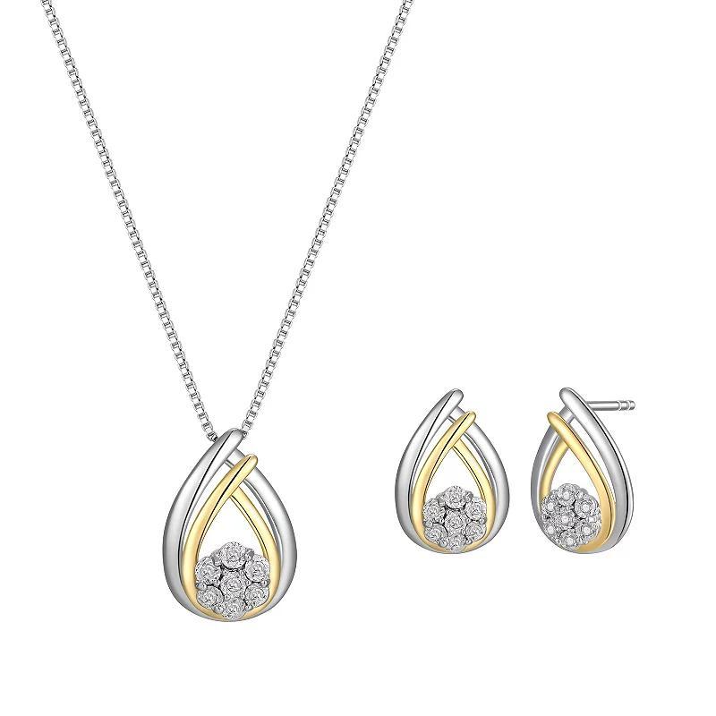 Two Tone Sterling Silver 1/10 Carat T.W. Diamond Teardrop Earrings and Pendant Necklace Set, Womens Product Image