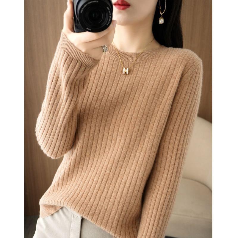 Long-Sleeve Crewneck Plain Knit Top Product Image