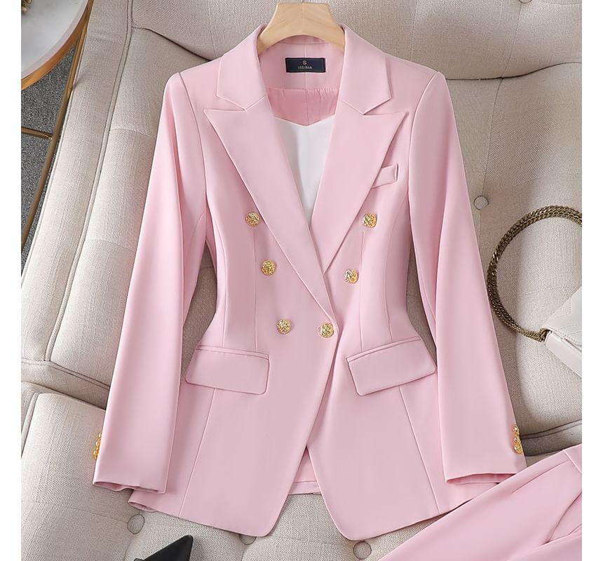 Plain Double-Breasted Blazer / High Waist Dress Pants / Set Product Image