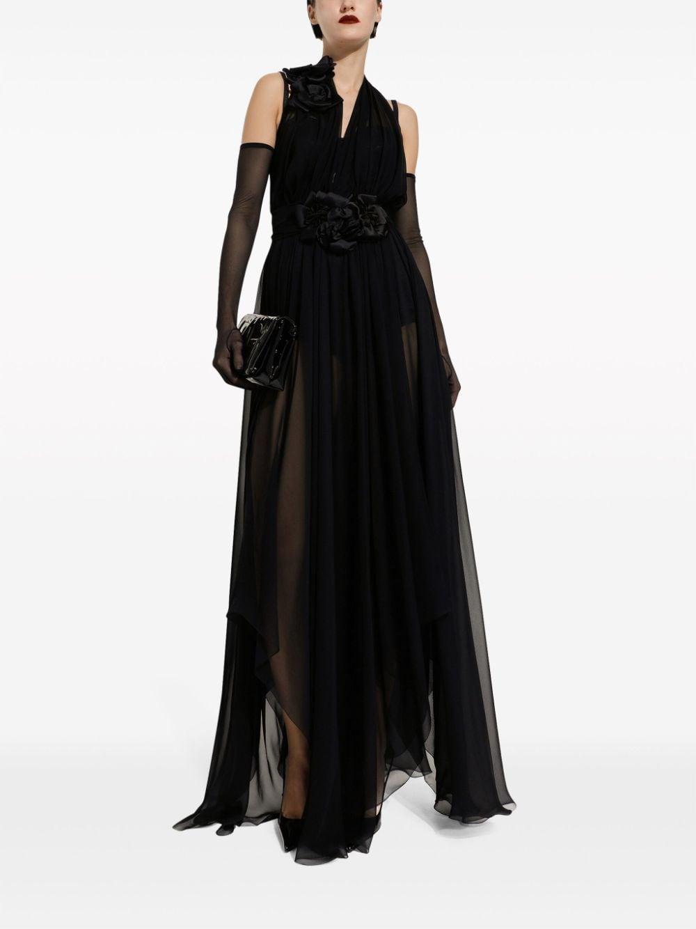 Long Silk Chiffon Dress With Floral Appliqué In Black Product Image