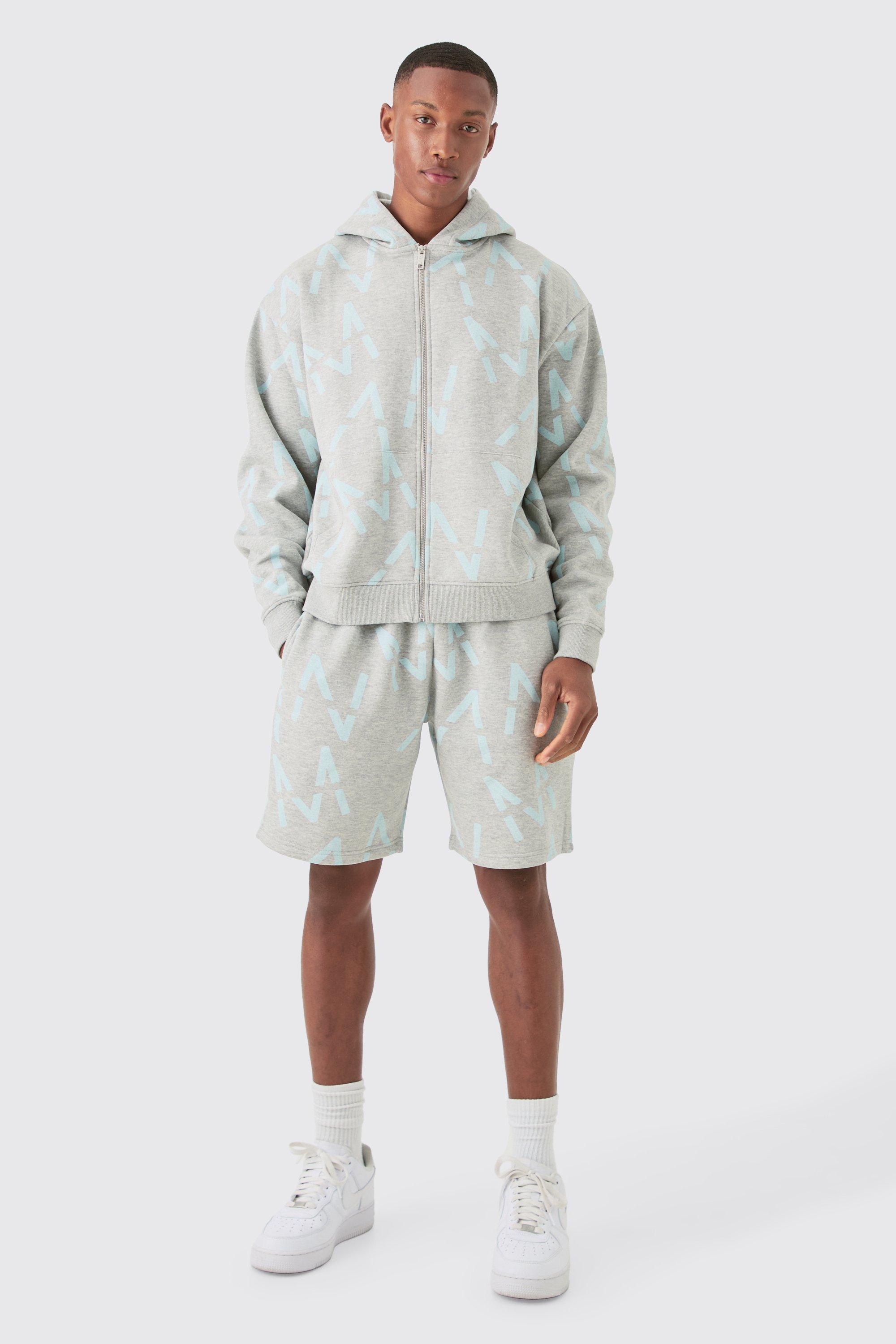 Oversized Boxy Man All Over Print Zip Hoodie Short Tracksuit | boohooMAN USA Product Image