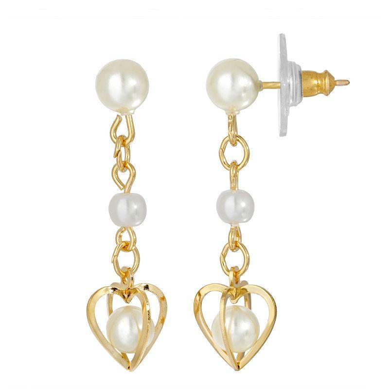 1928 Gold Tone Heart & Double Pearl Chain Drop Earrings, Womens, Yellow Product Image