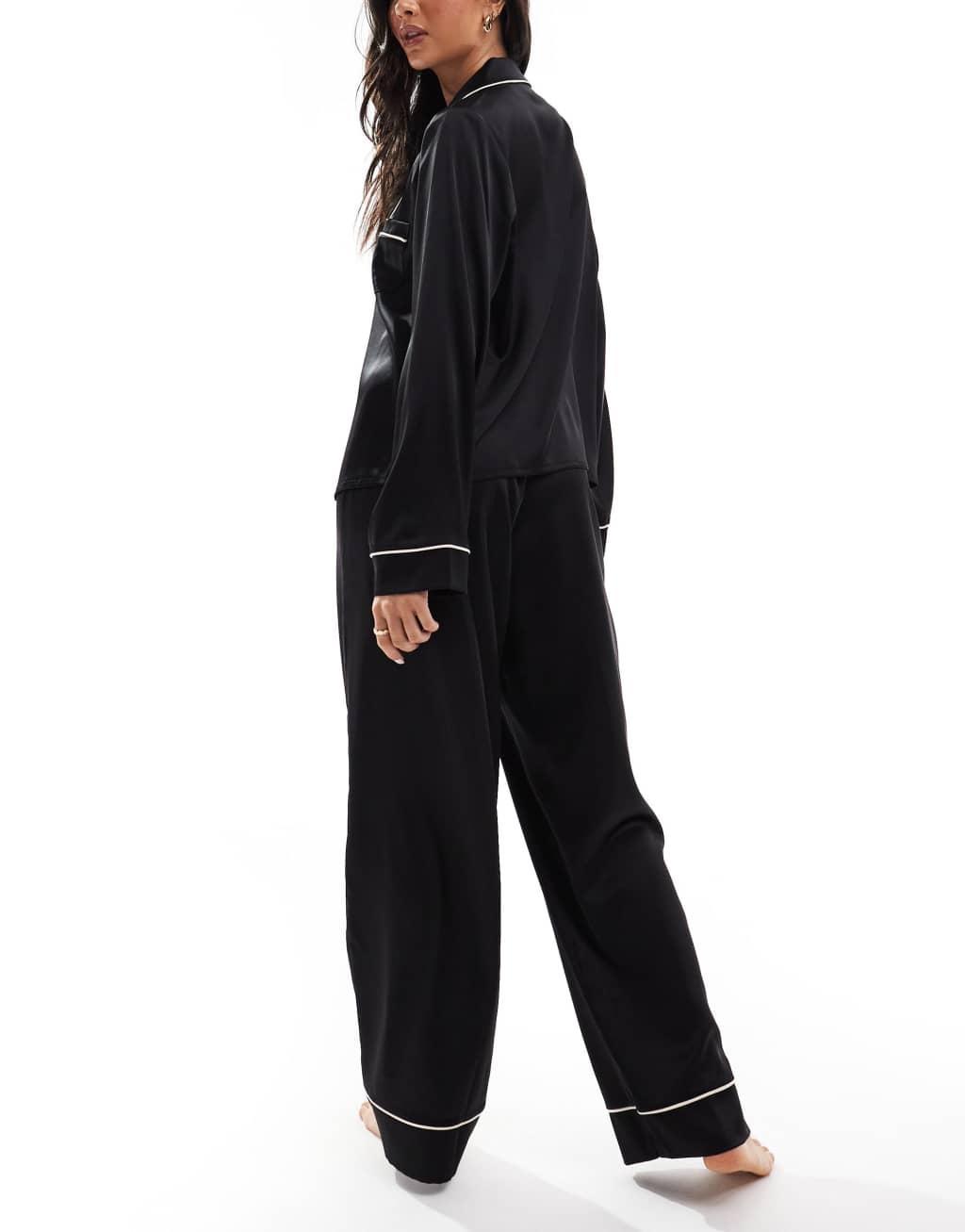 ASOS DESIGN satin long sleeve shirt & pants pajama set in black Product Image