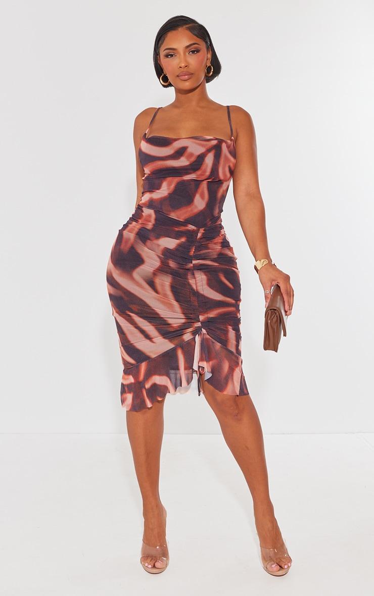 Shape Orange Zebra Print Mesh Cowl Ruched Midi Dress Product Image