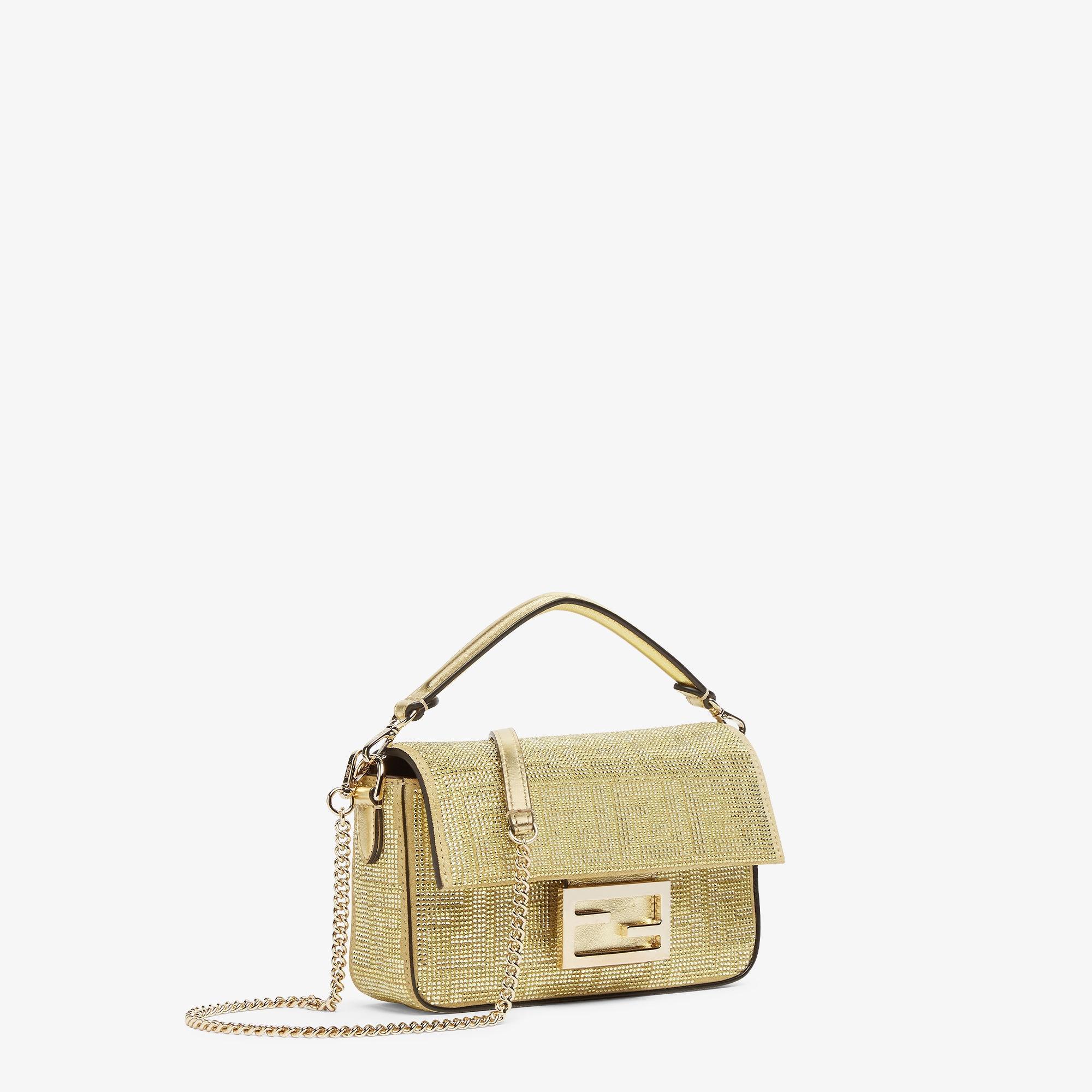 Baguette MiniChampagne-colored suede bag with FF in crystals and studs Product Image