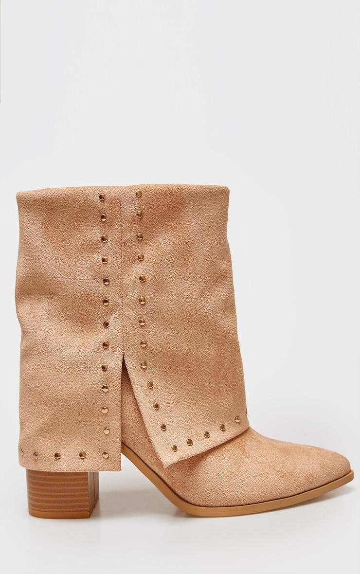 Tan Faux Suede Point Toe Studded Fold Over Block Heel Ankle Boots product image