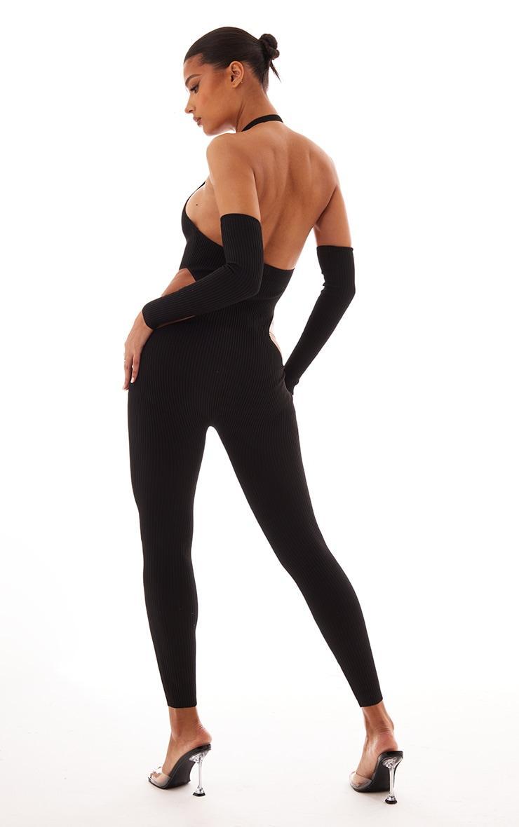 Black Rib Knit Halterneck Cut Out Jumpsuit & Sleeves Product Image