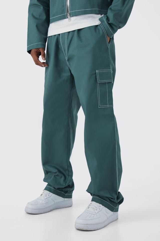 Mens Green Elasticated Waistband Twill Contrast Stitch Relaxed Cargo, Green Product Image