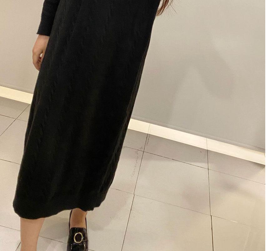 Long Sleeve Mock Neck Plain Cable Knit Midi Sweater Dress Product Image