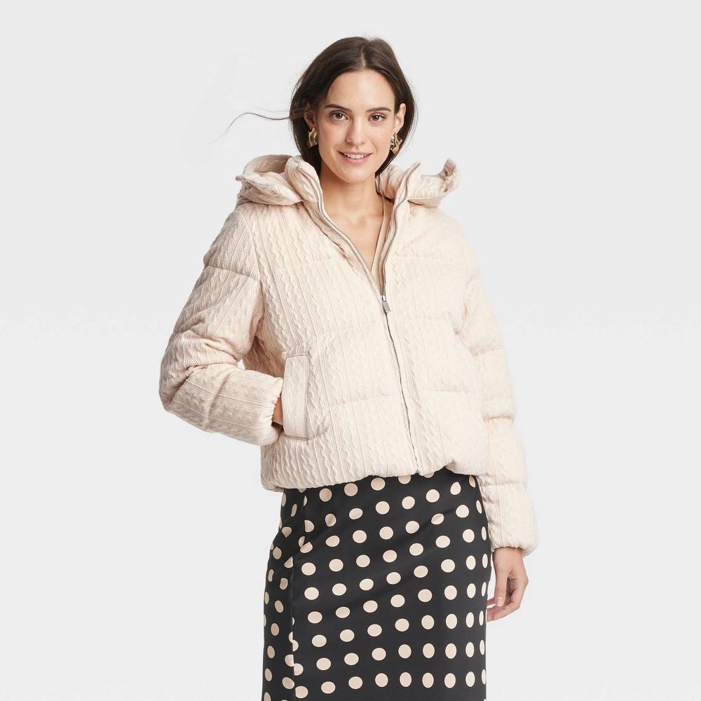 Womens Hooded Cable Puffer Jacket - A New Day Cream Product Image