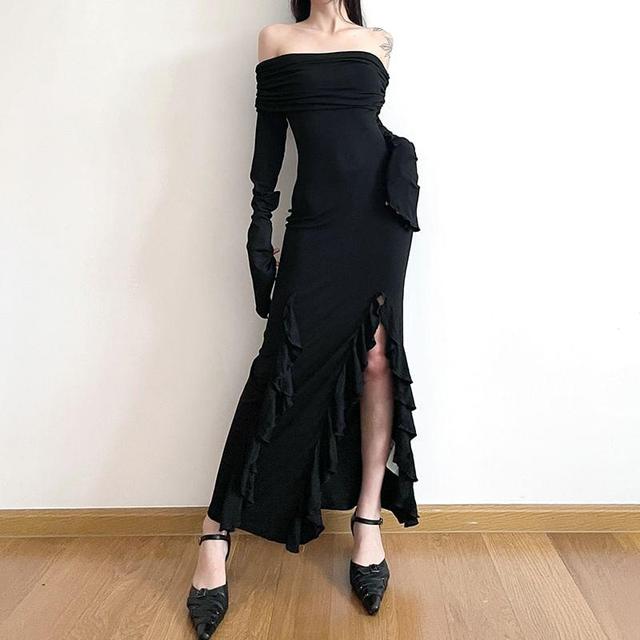 Long-Sleeve Off Shoulder Frill Trim Plain Maxi Sheath Dress Product Image