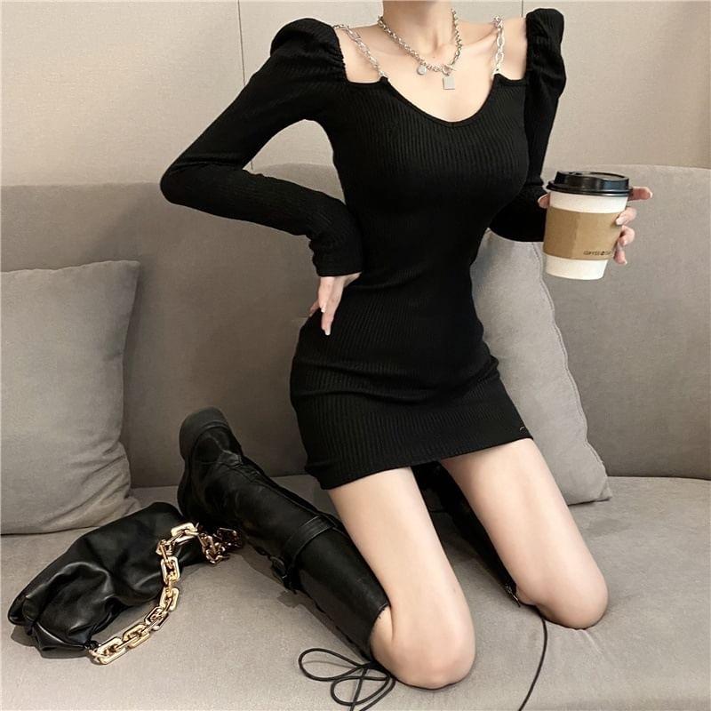 Long-Sleeve V-Neck Plain Chain Strap Ribbed Knit Mini Bodycon Dress Product Image