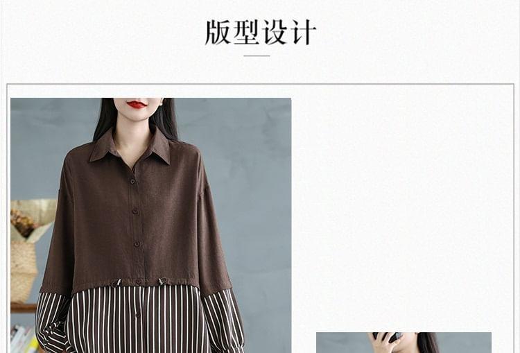 Long-Sleeve Striped Panel Drawstring Waist Button-Up Tunic Shirt Product Image