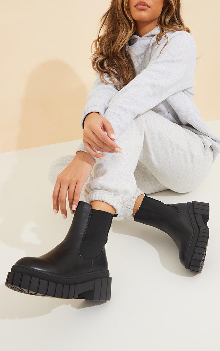 Black PU Cleated Chelsea Ankle Chunky Boots product image