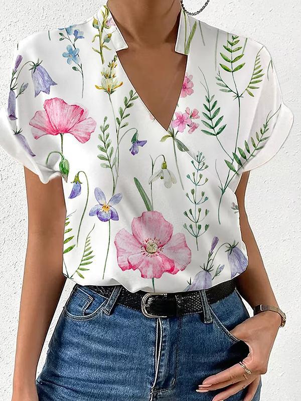 Loose Short Sleeves Floral Printed Split-Joint Stand Collar Blouses&Shirts Tops Product Image