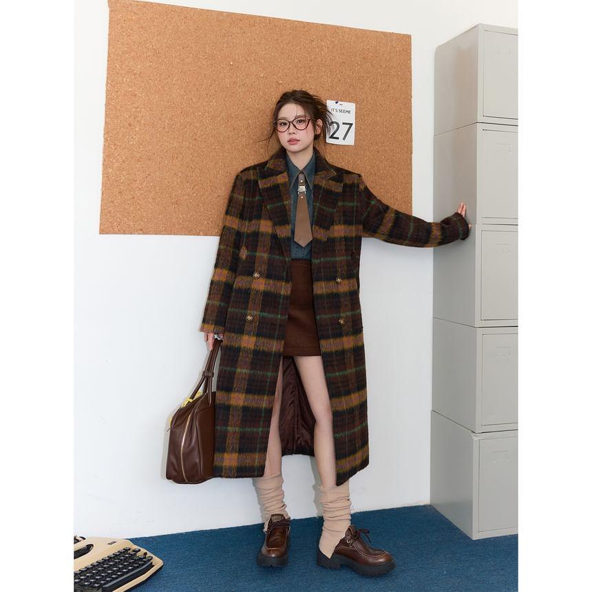 Plus Size Collared Plaid Midi Double Breasted Coat Product Image