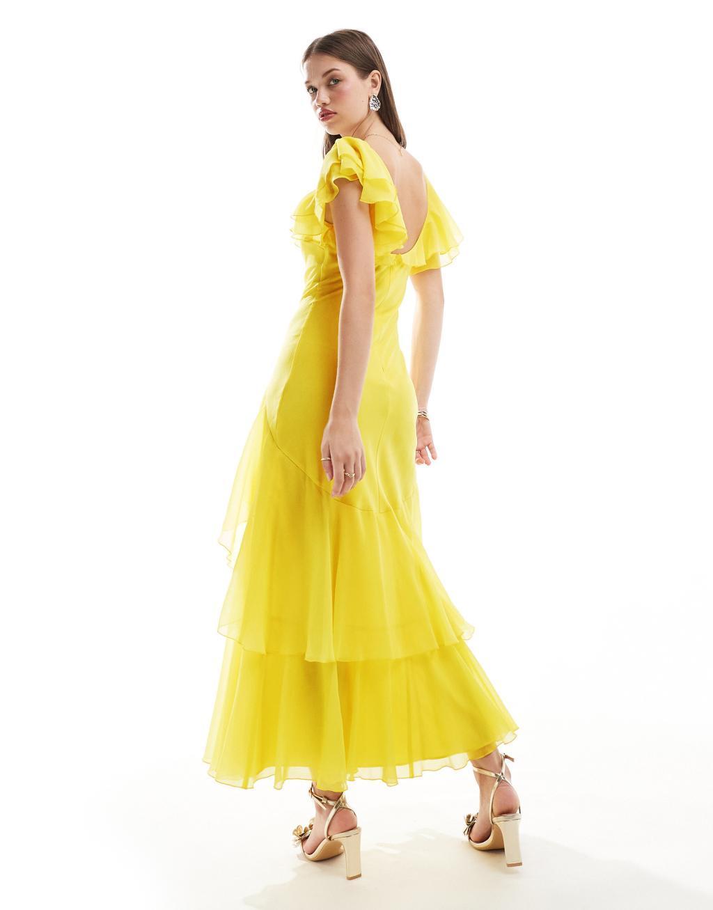 ASOS DESIGN ruffle midi dress with flutter sleeves in yellow Product Image