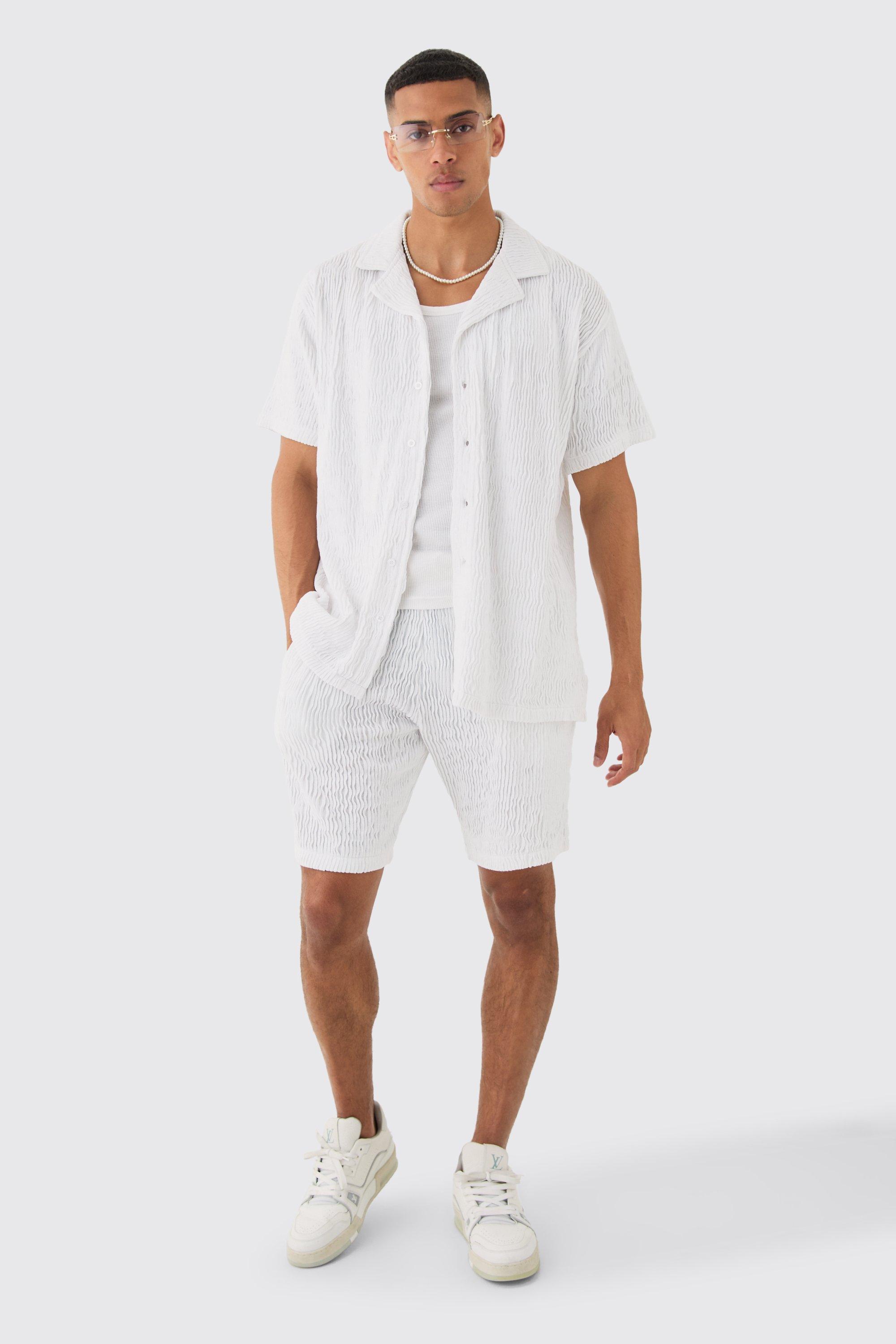 Mens White Oversized Ripple Pleated Shirt And Short Set, White Product Image