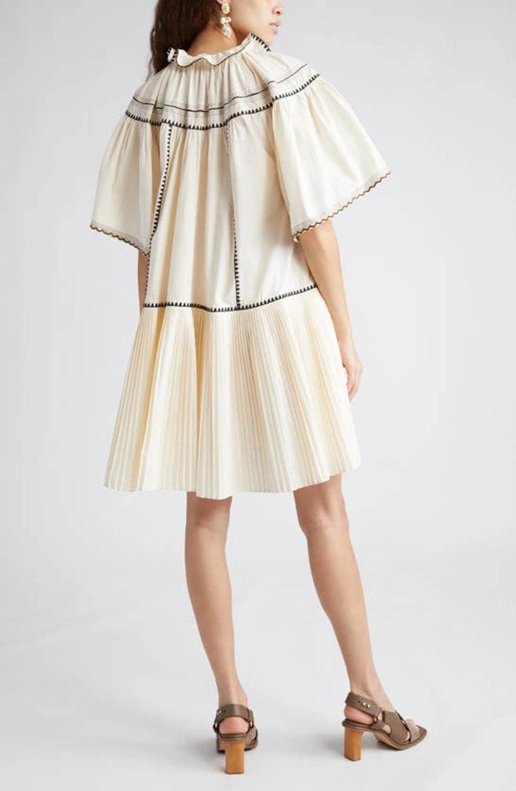 Desi Pleated Embroidered Cotton-poplin Mini Dress In Beige Product Image