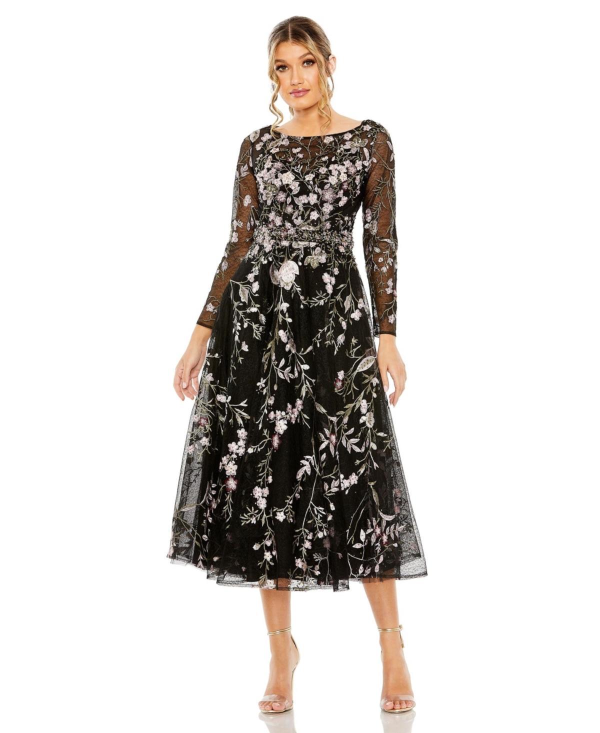 Womens Embroidered Floral Tulle Midi Dress Product Image