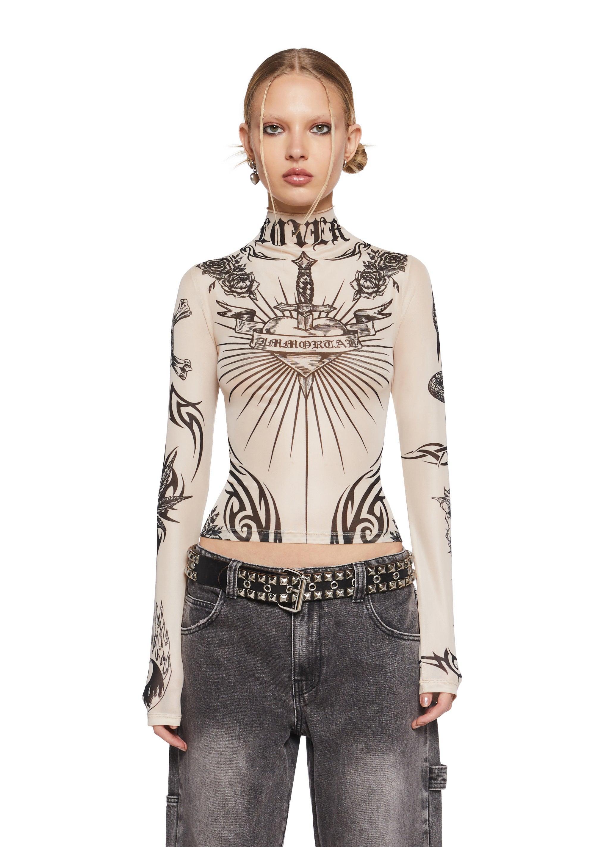 Current Mood Tattoo Mesh Top - Tan Brown product image