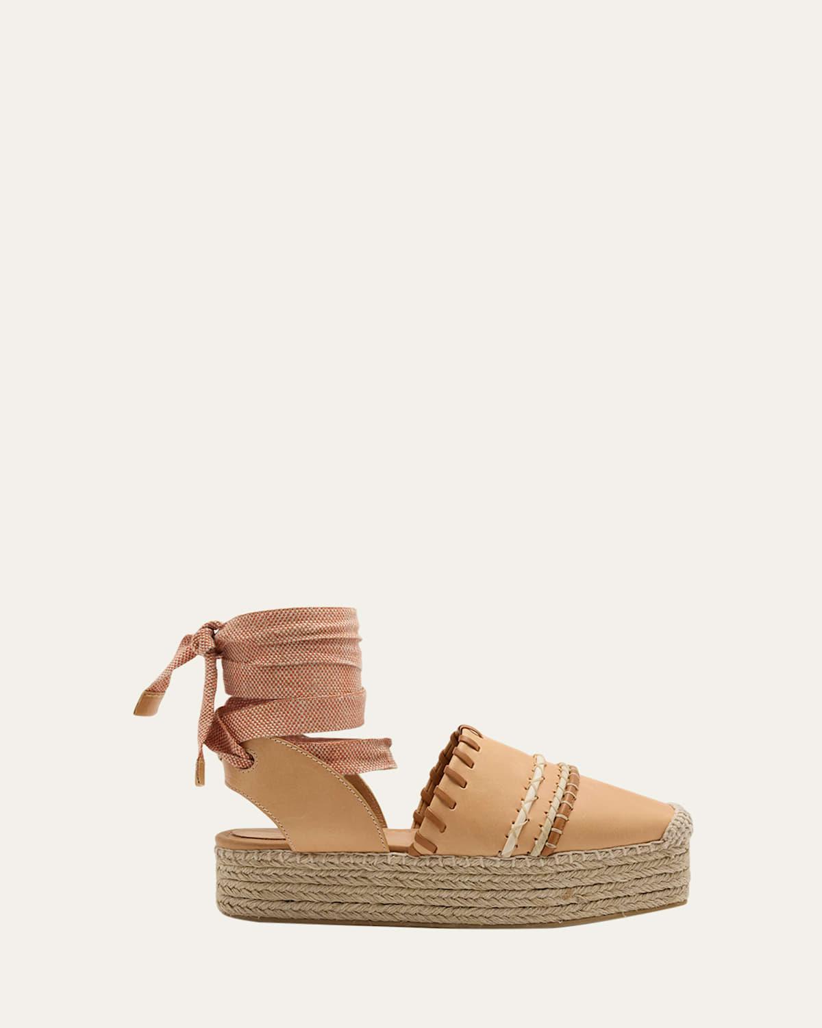 Abia Topstitch Leather Ankle-Wrap Espadrilles Product Image