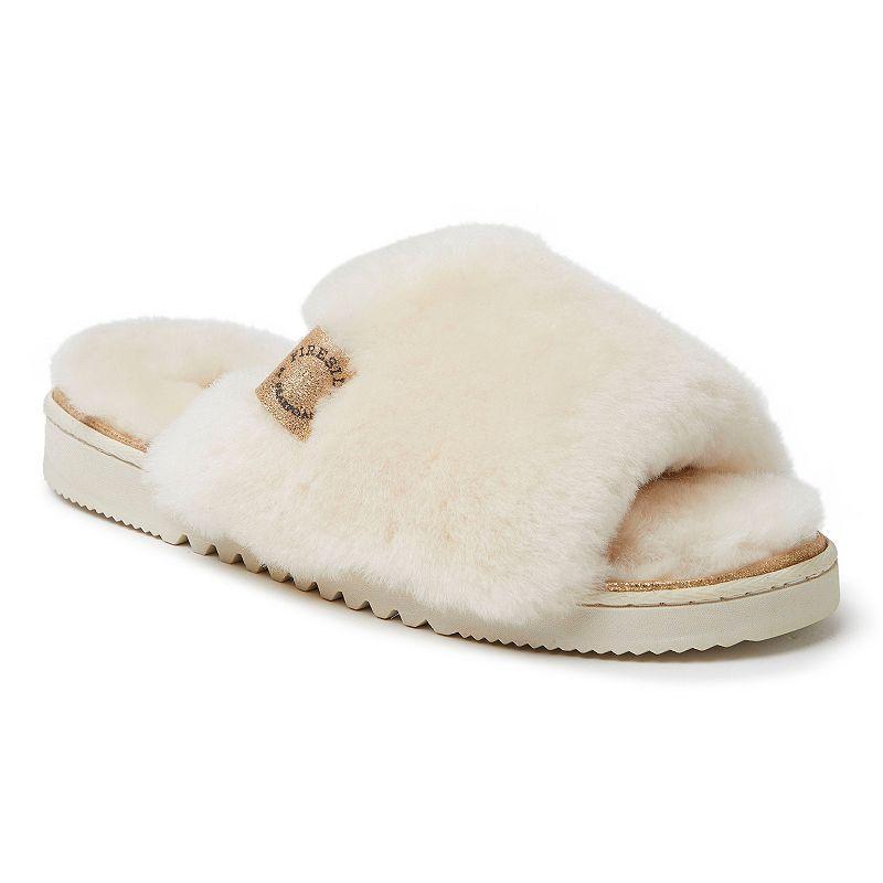 Fireside by Dearfoams Cairns Genuine Shearling Womens Slide Slippers with Metallic Suede Trim Black Product Image