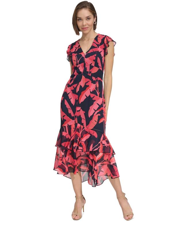 Tommy Hilfiger Womens Printed Flutter-Sleeve Ruffled High-Low Midi Dress - Skycpt Product Image