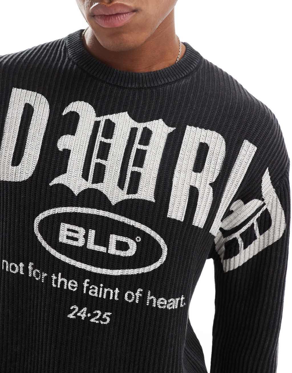 Bershka washed ribbed sweater with graphic in charcoal  Product Image