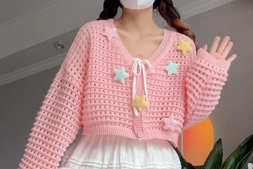 V-Neck Star Applique Perforated Button-Up Crop Cardigan Product Image