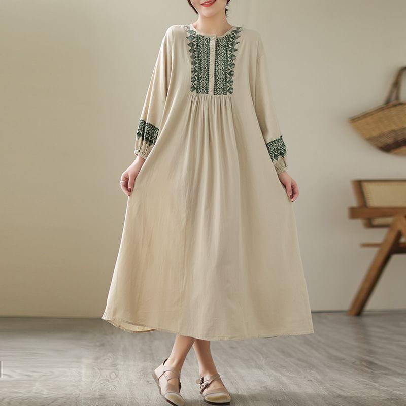 Puff-Sleeve Floral Embroidered Shirred Midi A-Line Dress Product Image