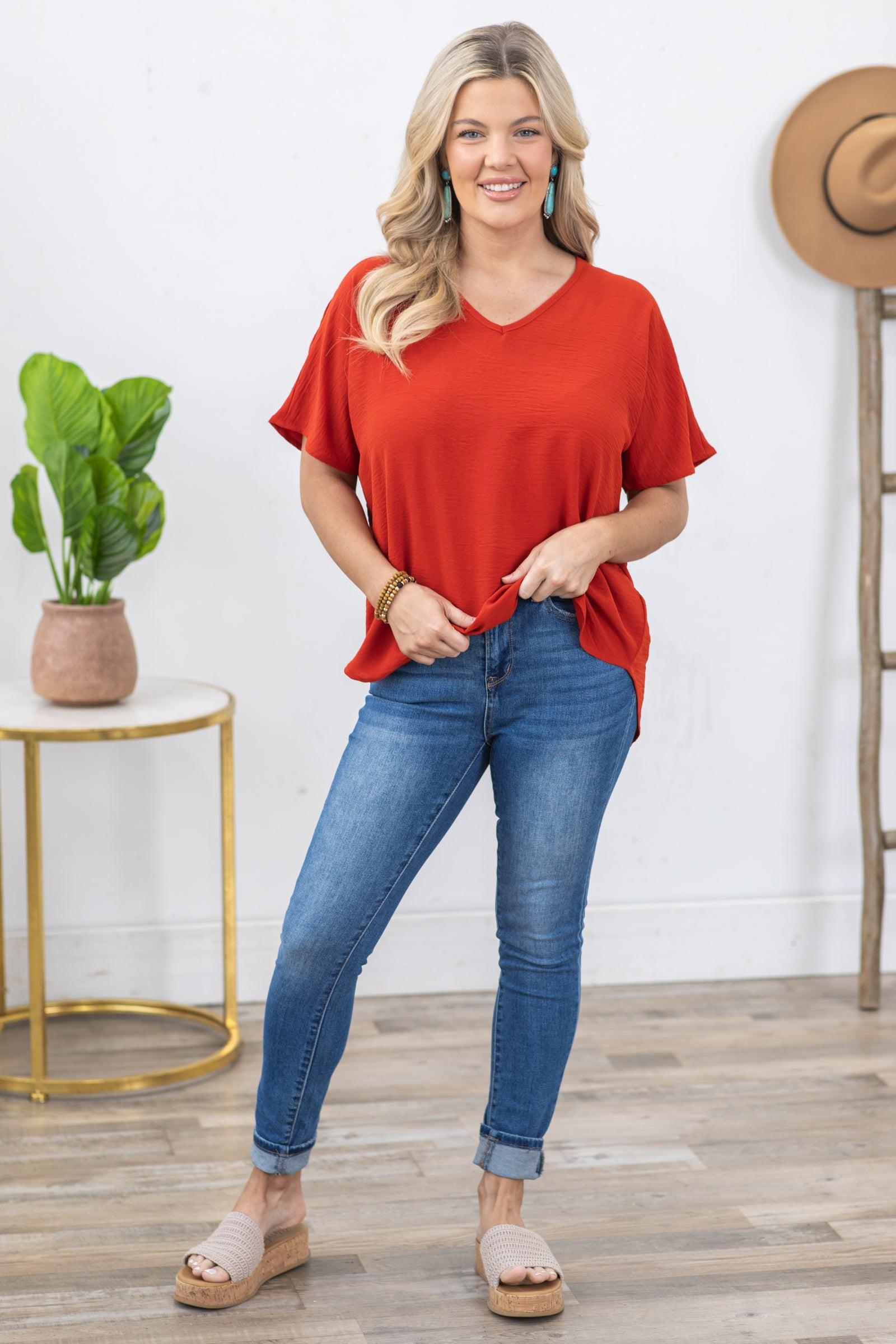 Crimson V-Neck Airflow Woven Top Product Image