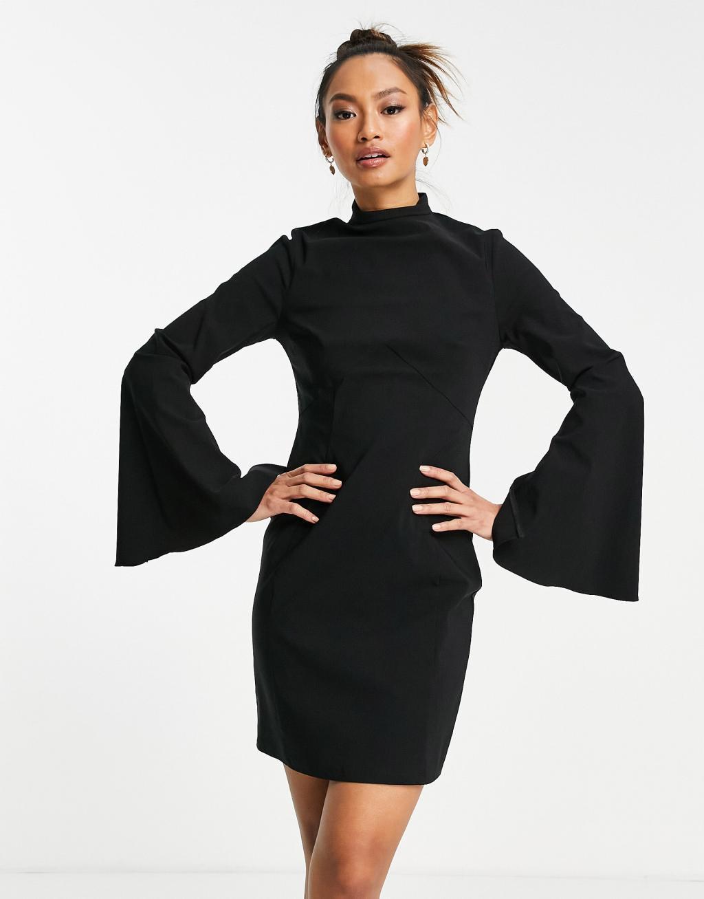 ASOS DESIGN high neck fluted sleeve mini dress in black  Product Image